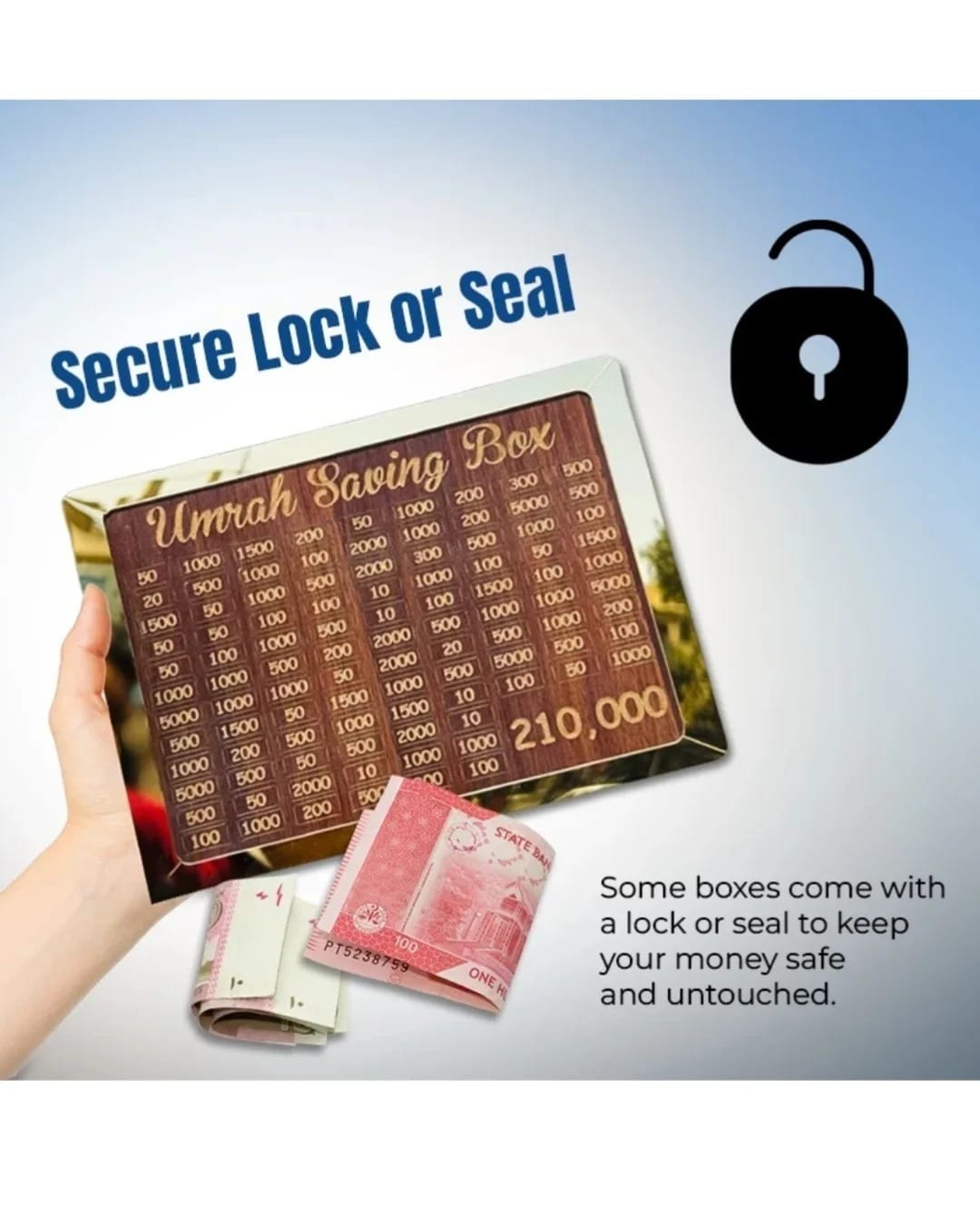 Wooden Umrah Saving Box | 210,000 Goal Tracker | Islamic Money Saving صندوق