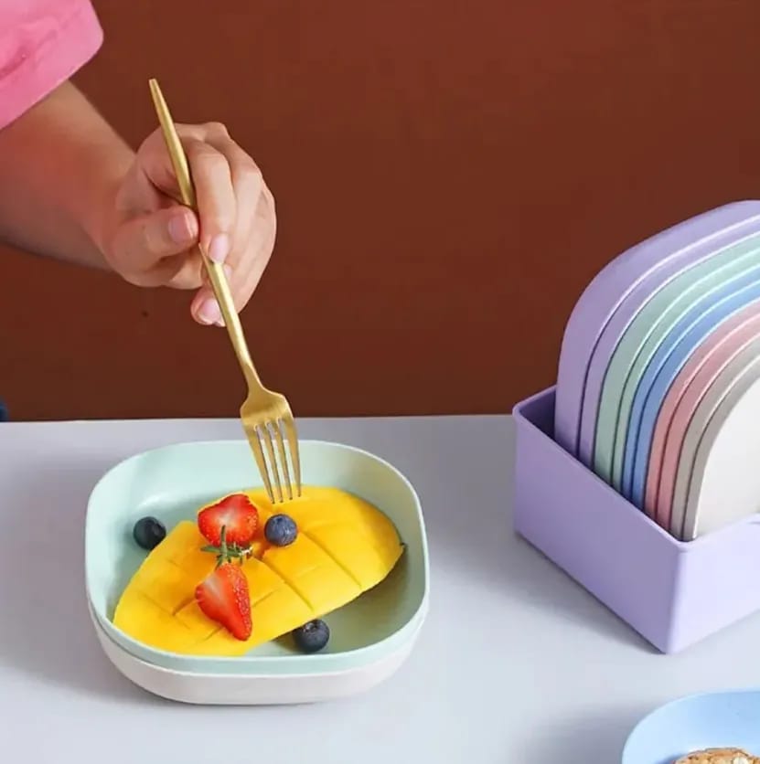 10-Piece Square Plastic Plate Set with Stand (Multicolor)