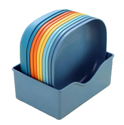 10-Piece Square Plastic Plate Set with Stand (Multicolor)